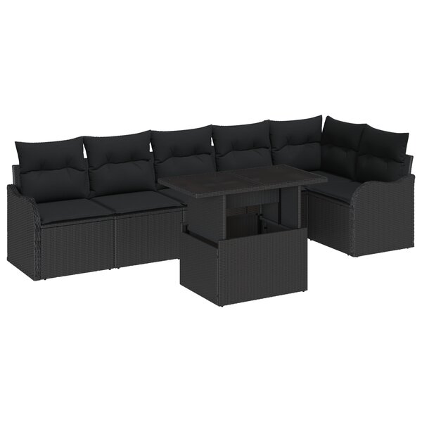 Canapé de jardin 7 pièces avec coussins noirs en rattan