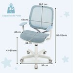 Chaise de bureau pivotante enfants avec hauteur réglable 80-92cm siège à roulettes enfants avec dossier &amp; accoudoirs ergonomique pour 6-15 ans bleu 20_0005689