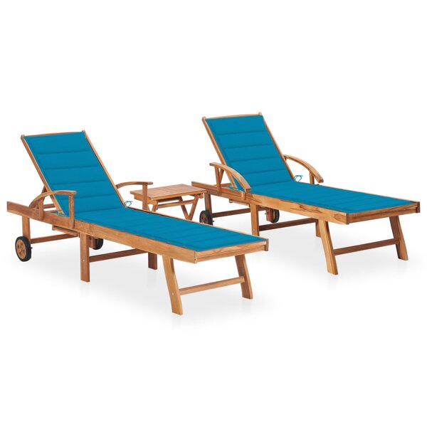 vidaXL Chaises longues lot de 2 avec table et coussin Bois teck solide