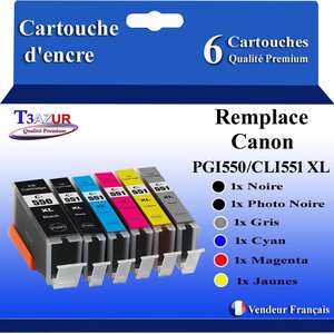 T3AZUR - 6x Cartouches compatibles avec Canon PGI-550 CLI-551 XL pour Canon Pixma IP8750 IX6850 MG6350MG7100 MG7150 MG7550