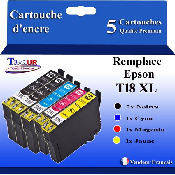 T3AZUR- 5x Cartouches Compatibles avec Epson T1811  T1812 T1813 T1814 T18XL