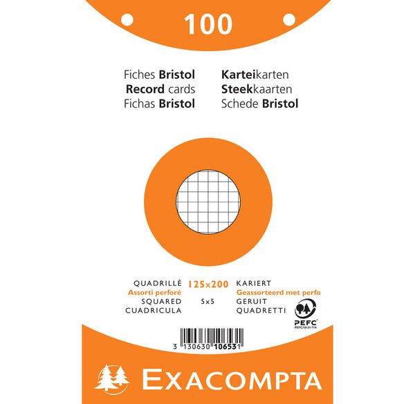 Paquet 100 fiches Bristol Quadrillé 5x5 Perforé 125x200mm Couleurs assorties EXACOMPTA