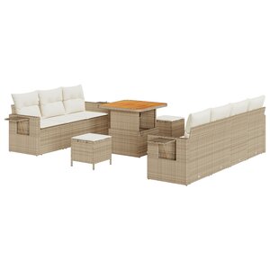 Ensemble de 10 Pièces de Canapé de Jardin avec Coussins Beiges en Rotin Poly Acacia