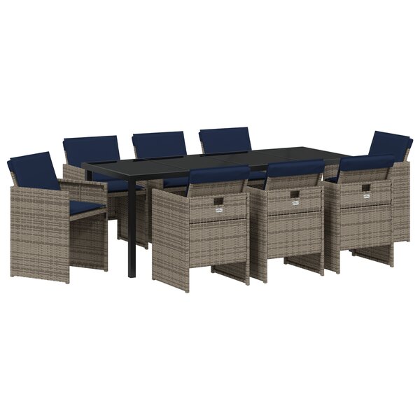 vidaXL Set de salle à manger de jardin de 9 pièces avec coussins en poly rattan gris