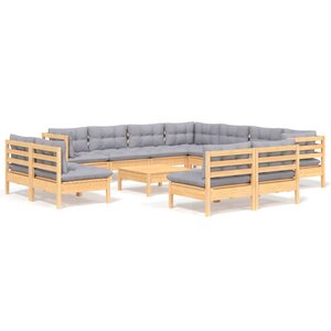 vidaXL Salon de jardin 12 Pièces avec coussins gris Bois de pin massif