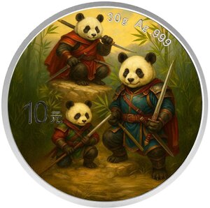 Pièce de monnaie en Argent 10 Yuan g 30 Millésime 2025 PANDA WARRIORS