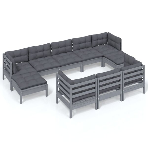 vidaXL Salon de jardin 10 Pièces avec coussins Gris Bois de pin solide