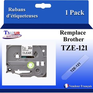 Ruban d'étiqueteuse compatible avec Brother Tze121 Tze-121 pour étiquateuses P-touch - Texte noir sur fOnd traîsparent - Largeur 9 mm x 8 mètres - T3AÚUR