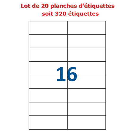 Lot de 20 Planches étiquettes autocollantes sur feuille A4 : 105 x 37 mm (16 étiquettes par feuille)