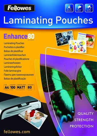 Pack 100 Pochette à plastifier, format A4, mate, 160 microns (2x80) FELLOWES
