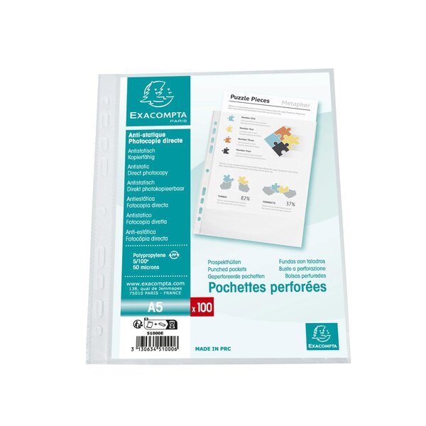 Sachet De 100 Pochetttes Perforées Polypropylène Grainé 5/100e - A5 - Cristal - Exacompta