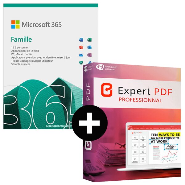 Microsoft 365 famille 6 utilisateurs 1 an + expert pdf 15 pro 1 pc à vie - a télécharger