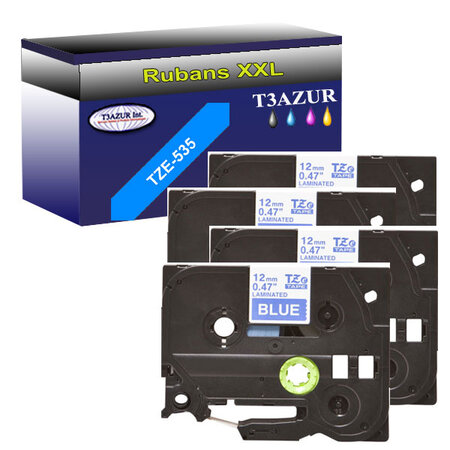 4 x Rubans d'étiquettes laminées générique Brother Tze-535 pour étiqueteuses P-touch - Texte blanc sur fond bleu- T3AZUR