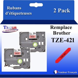 2x Rubans d'étiqueteuses compatibles avec Brother Tze421  Tze-421 pour étiqueteuses P-touch - Texte noir sur fond rouge - Largeur 9 mm x 8 mètres - T3AZUR