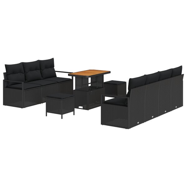 vidaXL Ensemble de 10 pièces de salon de jardin avec coussins Noir Poly Rattan Acacia