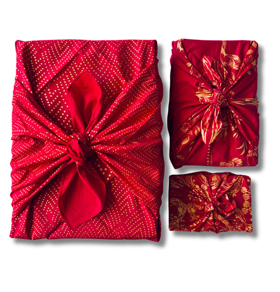 Emballage Réutilisable Furoshiki Pack Famille 3-en-1 Coton : Amour Rouge Coquelicot
