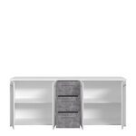 Buffet bas 4 portes 3 tiroirs - Blanc et décor gris béton - L 179 x P 42 x H 74,5 cm