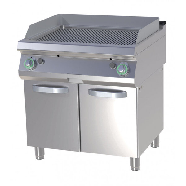 Plancha gaz double sur meuble ouvert plaque de cuisson rainurée - 14 kw -  - chromé 800x730x900mm
