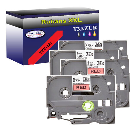 4 x Rubans d'étiquettes laminées générique Brother Tze-421 pour étiqueteuses P-touch - Texte noir sur fond rouge- T3AZUR