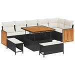 Canapé de jardin 9 pièces avec coussins noir poly rotin acacia