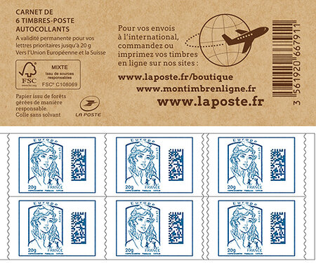 CARNET FRANCE 1216A-C1 Marianne Bleue De Ciappa 6 Timbres Europe, Qr