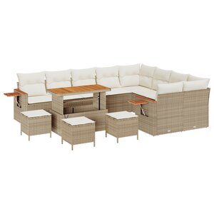 Ensemble de canapé de jardin 13 pièces avec coussins Beige Poly Rattan Acacia