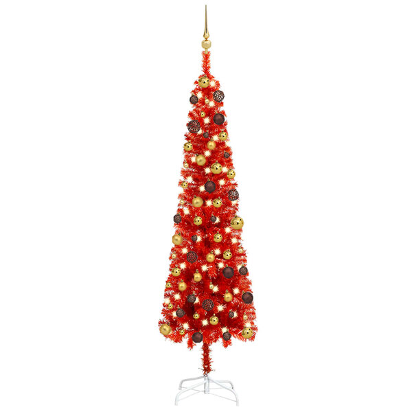 vidaXL Arbre de Noël mince pré-éclairé et boules rouge 180 cm