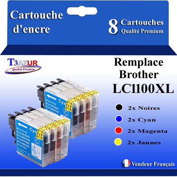 T3AZUR- Lot de 8 Cartouches compatibles avec Brother LC1100 XL pour Brother MFC990CW  MFCJ220  MFCJ265W  MFCJ410  MFCJ415W