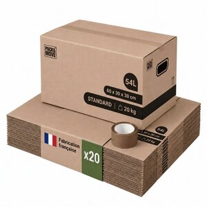 Pack and Move - Lot 20 cartons déménagement stockage standard - 60 x 30 x 30 cm - Poignées renforcées - 1 adhésif offert