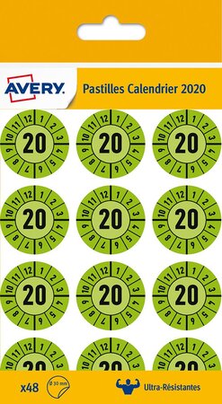 48 pastilles calendrier 2020 + 12 mois, polyéthylène