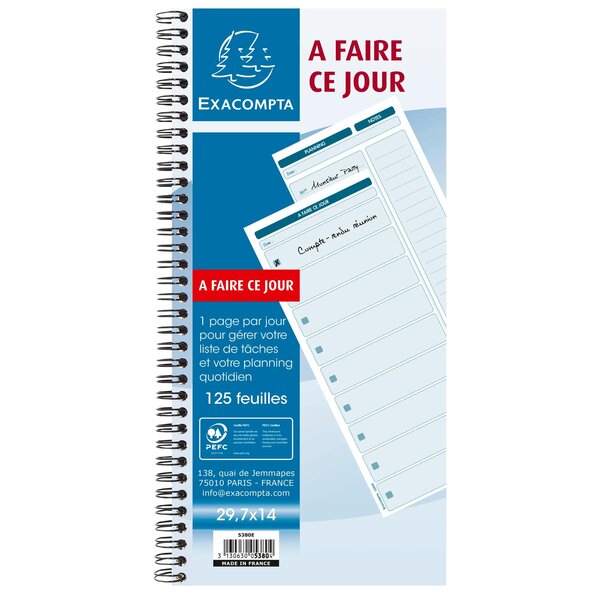 Carnet Spiralé 29 7x14cm - A Faire Ce Jour - 125 Feuilles - X 5 - Exacompta