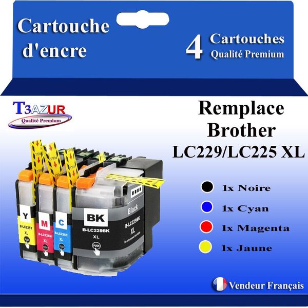 T3AZUR -Lot de 4 Cartouches compatibles avec Brother LC225XL   LC229XL pour Brother MFC-J5625DW  MFC-J5720DW