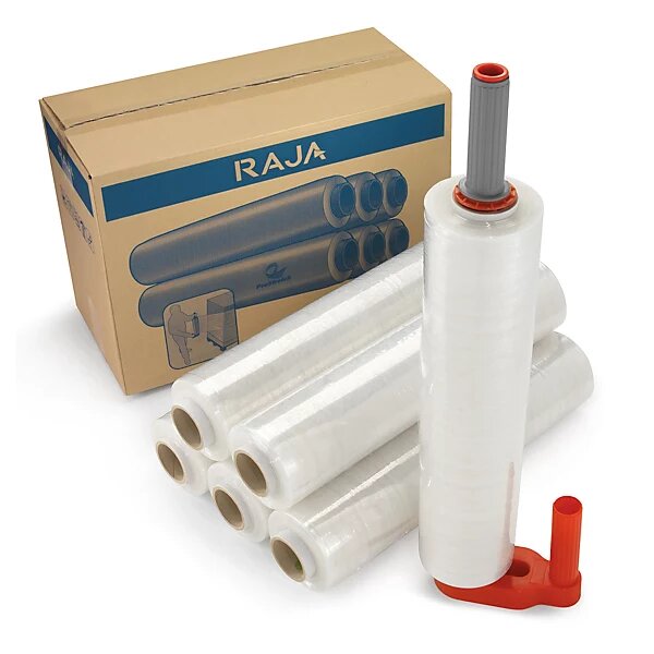 Pack film étirable manuel cast transparent raja 20 microns 500 mm + dérouleur plastique (lot de 6)