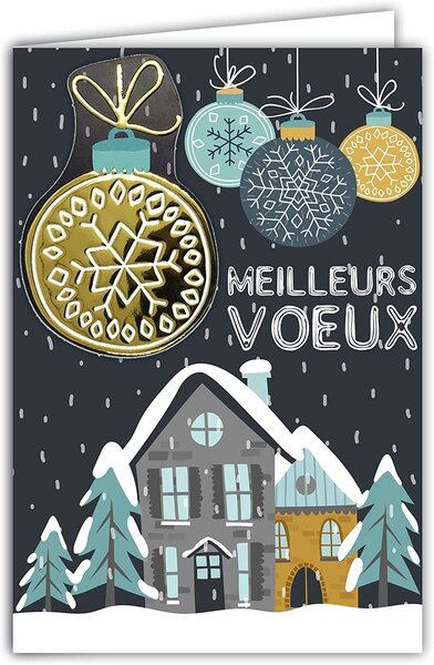 Carte meilleurs voeux bonne année collage en relief boule or doré avec enveloppe