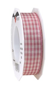 Ruban textile carreau de vichy 20-m-rouleau 25 mm mit draht rose/créme