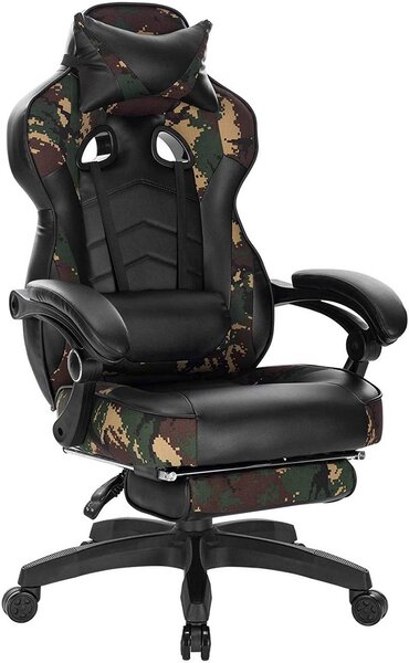 Fauteuils de bureau sport chaise de jeu avec appui-tête coussin lombaire et repose-pieds en cuir synthétique camouflage noir 19_0000081