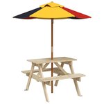 vidaXL Table de pique-nique pour 4 enfants avec parasol bois de sapin