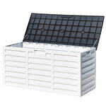 Coffre de jardin malle de rangement dim. 112L x 49l x 53H cm 2 roulettes polypropylène texturé imitation lattes de bois blanc gris