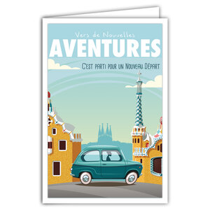 Carte Départ Vers Nouvelles Aventures avec Enveloppe  Affichette Mini Posters Format 17x11 5cm  Retraite Déménagement Changement Vie Voyage Barcelone Espagne Voiture Rétro Vintage Bleu
