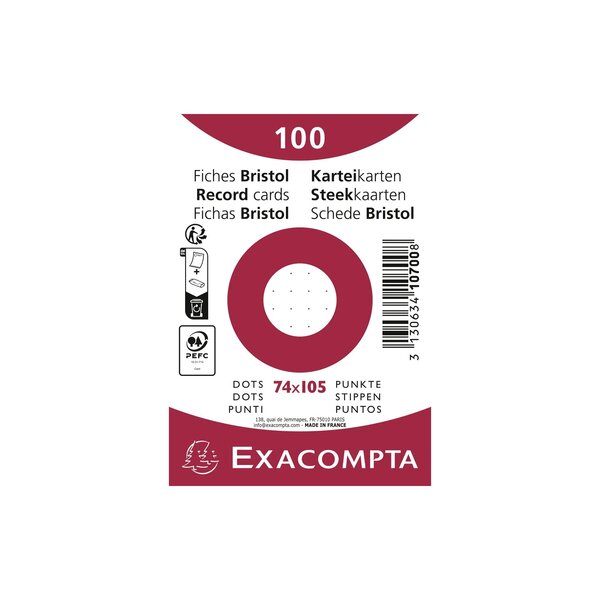 Paquet 100 Fiches Sous Film - Bristol Dots Non Perforé - 74x105mm - Blanc - Exacompta