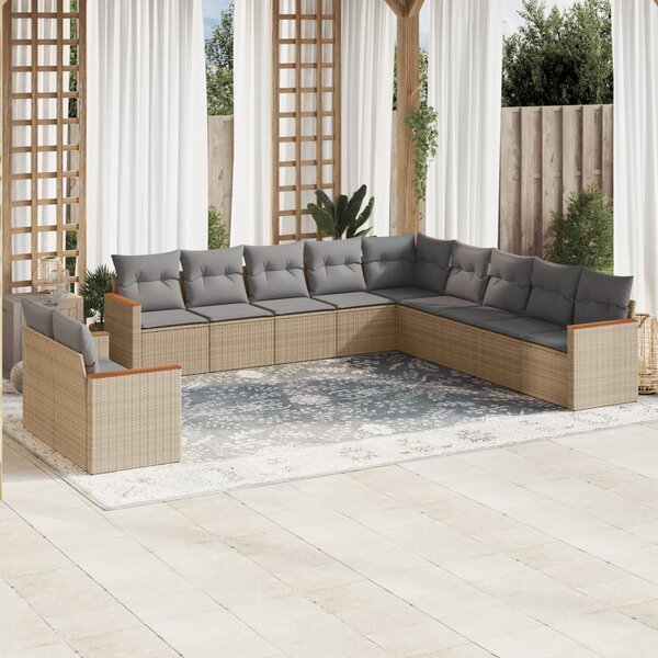 Ensemble Jardin 15 Pièces – Table + Chaises Dossier Rabattable + Coussins, Résine Tressée Beige