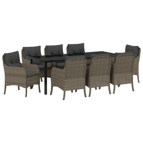 vidaXL Ensemble de repas de jardin 9 pièces avec coussins gris en rattan poly