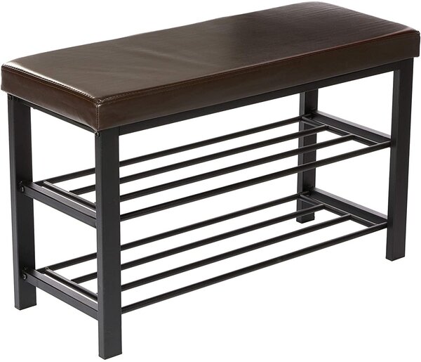 Banc de rangement à chaussures meuble assise tabouret en synthétique 2 niveaux marron 13_0000360