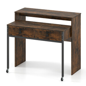 Bureau rétractable 100 x 63 x 88 cm gain de place avec 2 tiroirs et roulettes design rustique en bois manufacturé marron 20_0010878