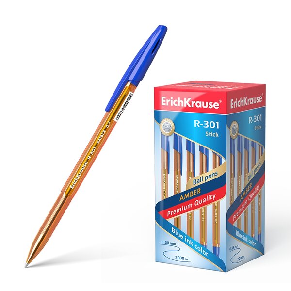 LOT de 50 Stylo à bille Erichkrause R-301 Amber Stick 0.7 - Corps hexagonal translucide - Pointe de 0 7 mm - Encre à séchage rapide - Couleur bleue