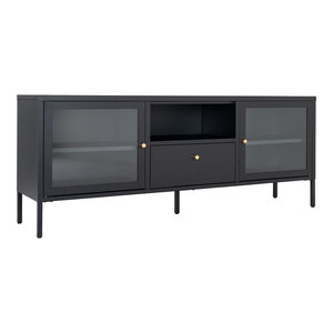 Console TV noire avec portes en verre et tiroir