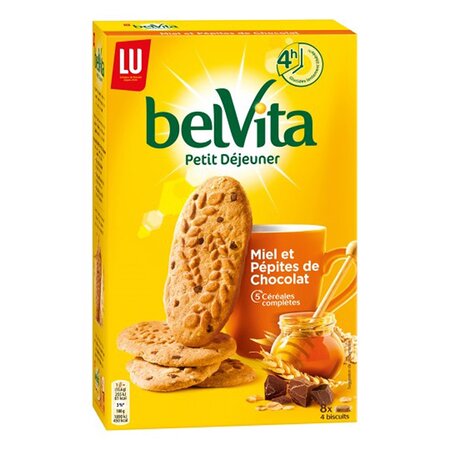 LU BelVita Petit Déjeuner Miel et Pépites de Chocolat 5 Céréales Complètes 400g (lot de 6)