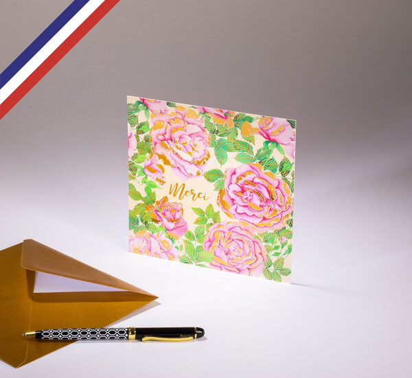 Carte simple paradisio créée et imprimée en france - merci - fleurs/camélias roses