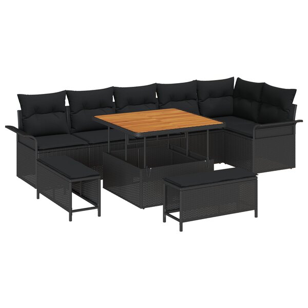 vidaXL Canapé de jardin 9 pièces avec coussins en poly rattan noir et acacia