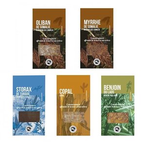 5 résines d'encens à brûler - Oliban Myrrhe Copal Storax Benjoin